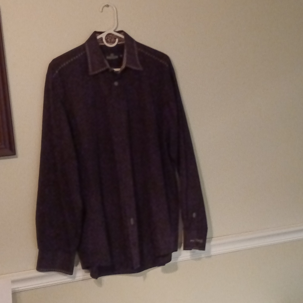 Bugatchi UOMO men's long sleeve shirt black with tan stitching size XL
